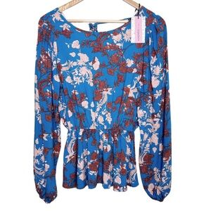 NWT Andree By Unit Blue Floral Peplum Blouse Long Sleeve Elastic Waist